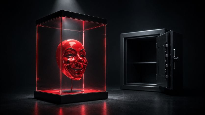 A glowing red smiling mask in a glass display cube next to an open empty bank safe, symbolizing personal brand without a product.