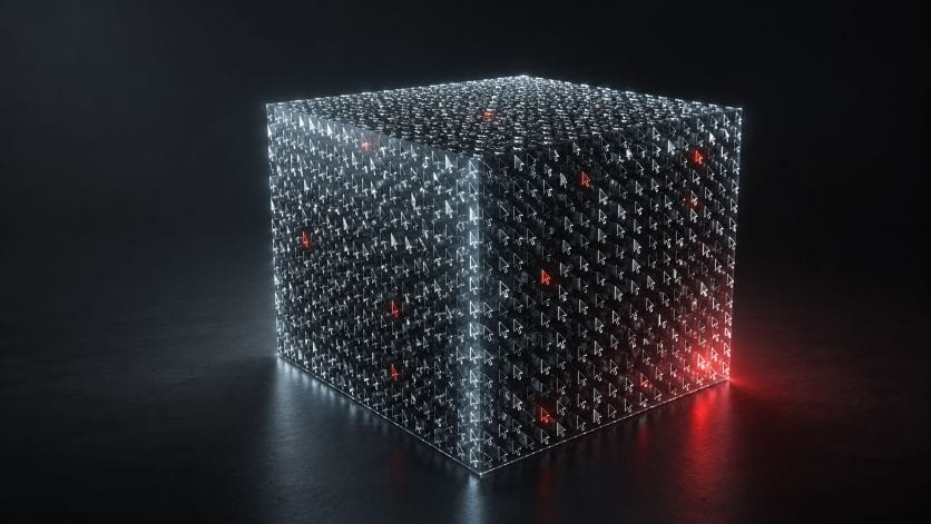 A glowing 3D cube constructed from glowing computer mouse cursors representing digital product development and vibecoding.