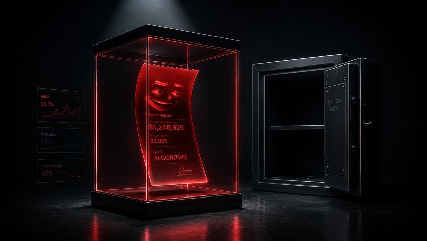 Glowing red receipt hologram labeled ALGORITHM in a dark room with an empty safe, representing automated ad attribution.