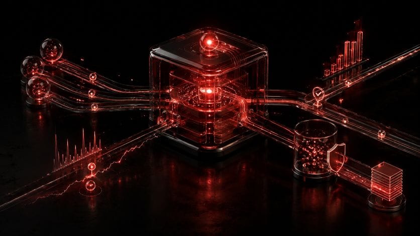 Abstract red-and-black visualization of an AI analytics agent processing data streams, detecting anomalies, and protecting attribution insights.