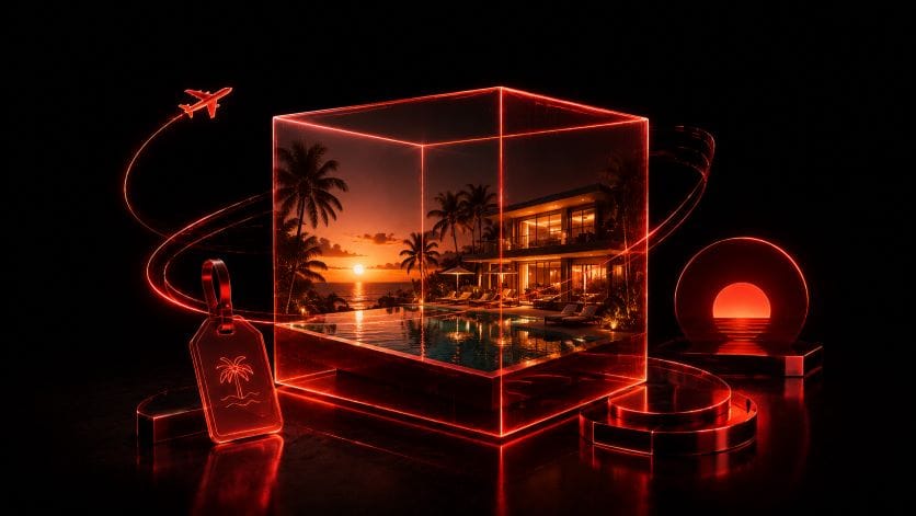 Abstract neon illustration of a luxury resort holiday, symbolizing the hidden pricing structure and margins behind tour operator discounts.