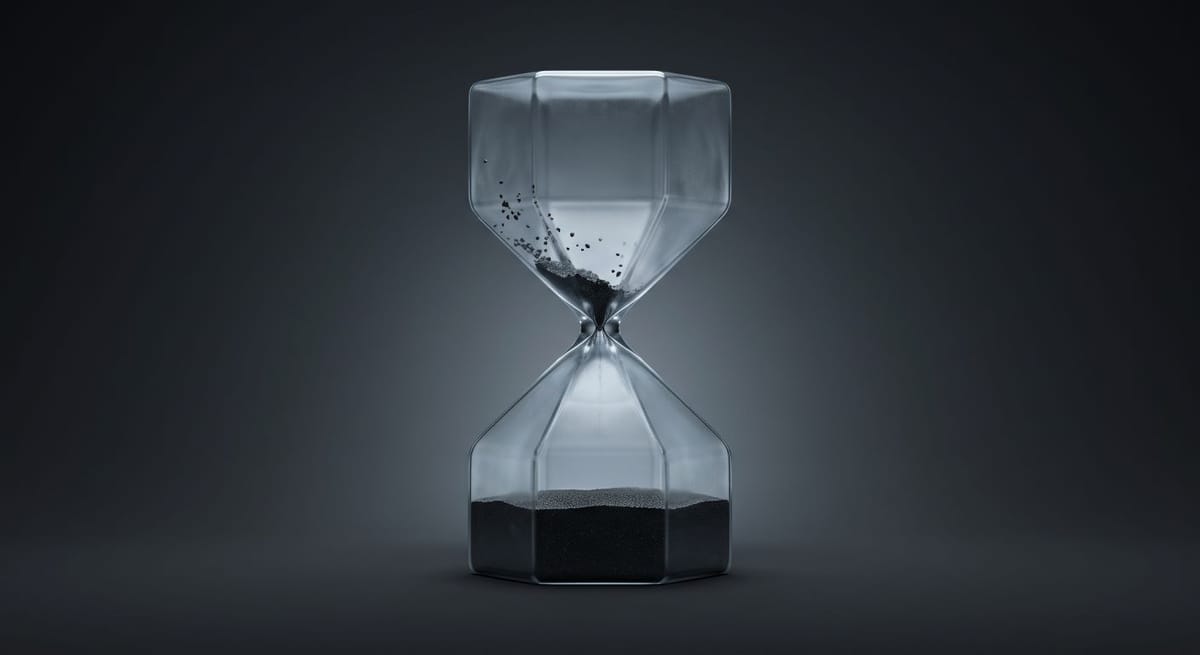 A minimalist conceptual illustration of a glass hourglass with dark sand compressed at the very bottom, symbolizing distorted time and empty waiting.