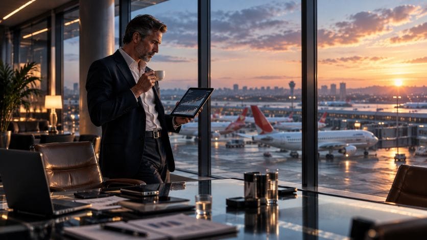 An airline revenue analyst reviewing flight yield curves and booking manifests in a boardroom at dawn