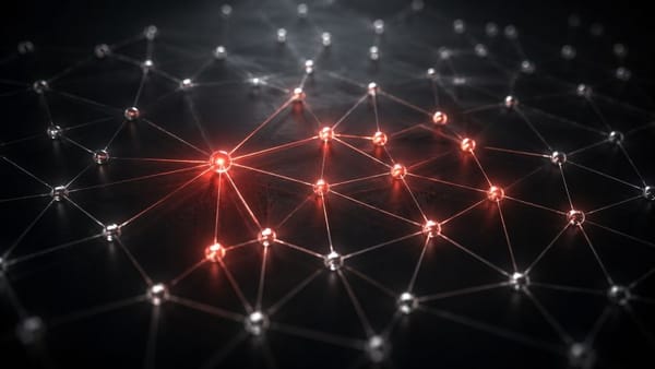 Abstract dark network grid with a glowing red central node, representing ad attribution and touchpoint connections