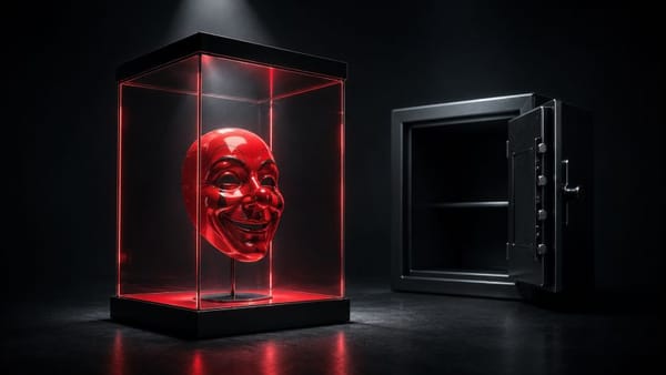 A glowing red smiling mask in a glass display cube next to an open empty bank safe, symbolizing personal brand without a product.