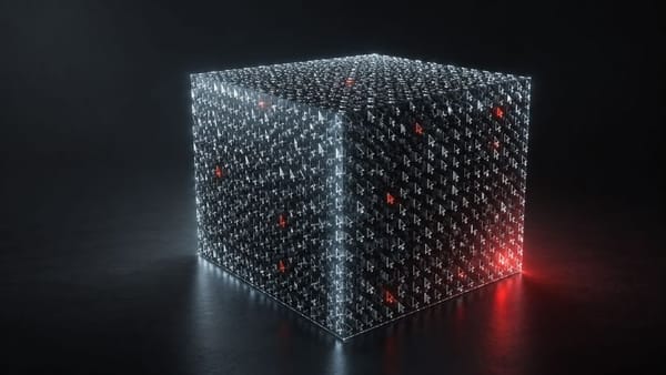 A glowing 3D cube constructed from glowing computer mouse cursors representing digital product development and vibecoding.