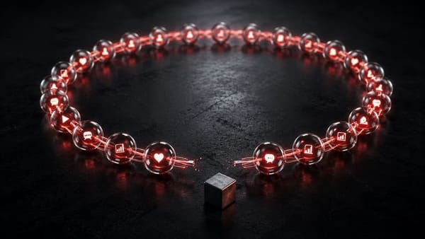 Broken circuit of digital metrics. An array of glowing red chart, hearth, and profile icons inside glass spheres is interrupted by a solitary, opaque black cube.