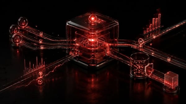 Abstract red-and-black visualization of an AI analytics agent processing data streams, detecting anomalies, and protecting attribution insights.