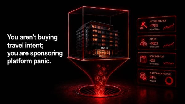 Minimalist red-and-black illustration of a hotel trapped in paid ad auction inflation, with rising CAC, flat bookings, and ad spend draining into platform costs.