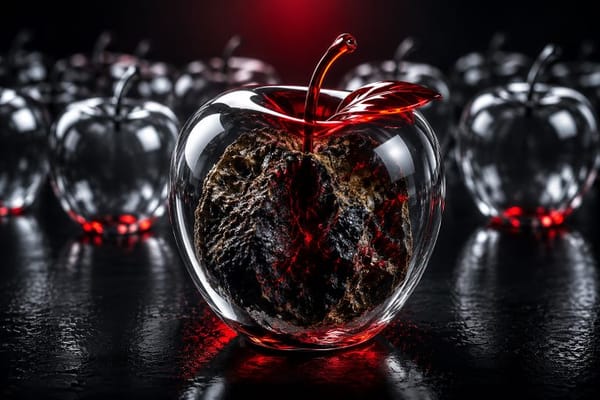 Metaphorical glass apple with a decayed core in performance advertising