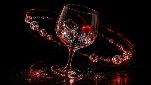 Abstract neon still life of a tilted wine glass filled with irregular ice spheres and a bright red cherry