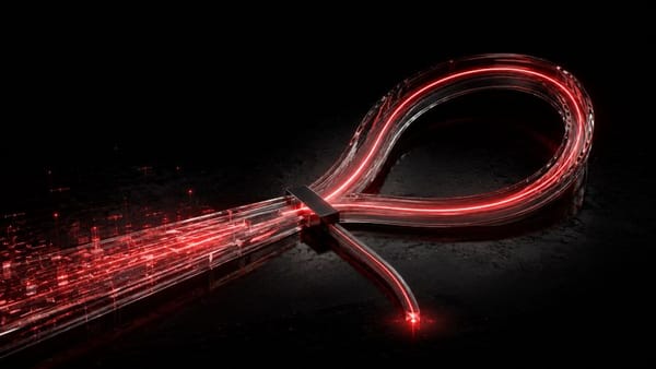 Abstract glass loop with a red data stream taking the wrong path.