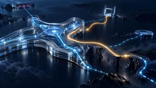 Abstract travel routing scene where a human-guided path reconnects broken routes beyond an AI-planned system.