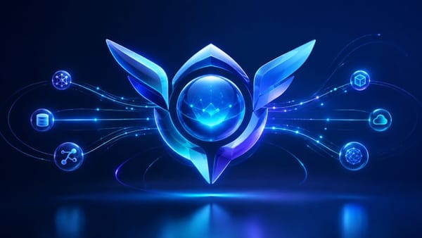 Abstract blue AI agent core connecting APIs and data services.