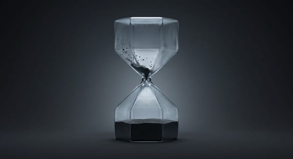 A minimalist conceptual illustration of a glass hourglass with dark sand compressed at the very bottom, symbolizing distorted time and empty waiting.